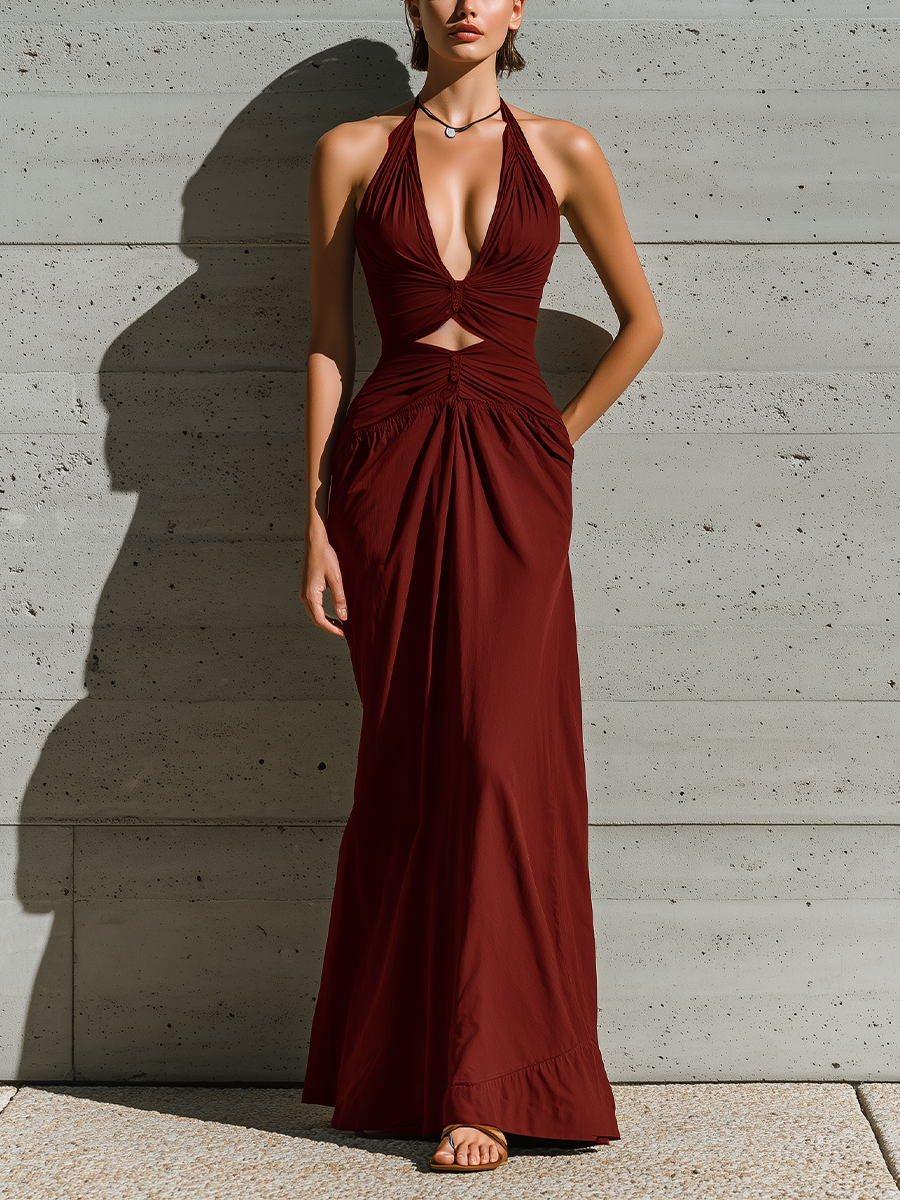 Women’s Burgundy Halter Deep V Twist Ruched Cutout Waist Side Pocket Maxi Dress
