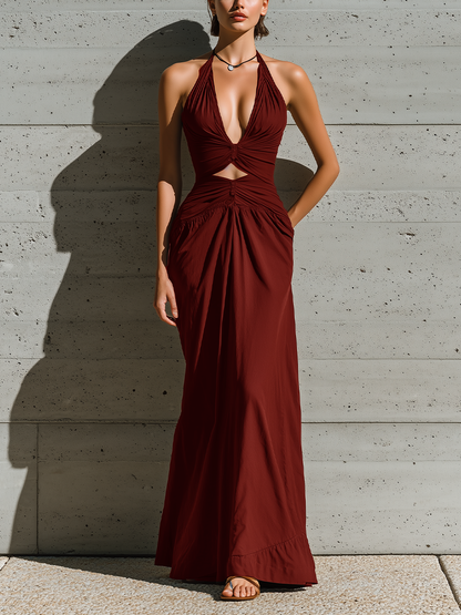 Women’s Burgundy Halter Deep V Twist Ruched Cutout Waist Side Pocket Maxi Dress