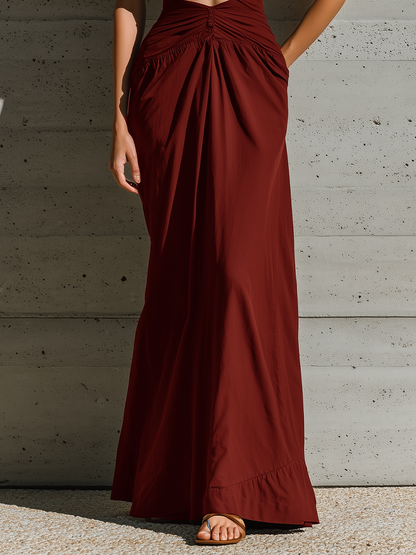 Women’s Burgundy Halter Deep V Twist Ruched Cutout Waist Side Pocket Maxi Dress