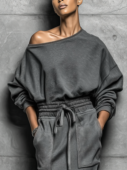 Women's Dark Grey Off-shoulder Sweatshirt-style Dress With A Drawstring Waist And Asymmetric Hem