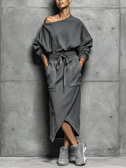 Women's Dark Grey Off-shoulder Sweatshirt-style Dress With A Drawstring Waist And Asymmetric Hem
