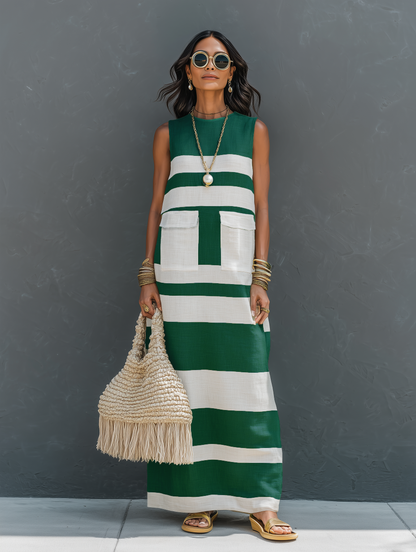 Women's Minimalist Color-Block Striped Sleeveless Maxi Dress