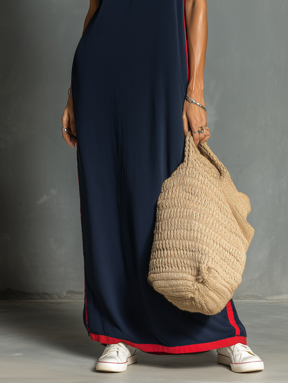 Women's Casual Stretch Knit Sleeveless Maxi Dress With Contrast Trim