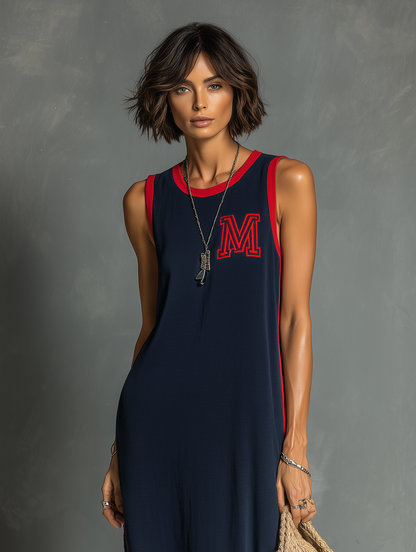 Women's Casual Stretch Knit Sleeveless Maxi Dress With Contrast Trim