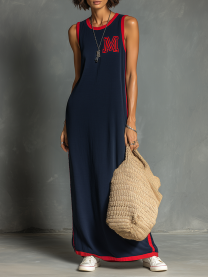 Women's Casual Stretch Knit Sleeveless Maxi Dress With Contrast Trim