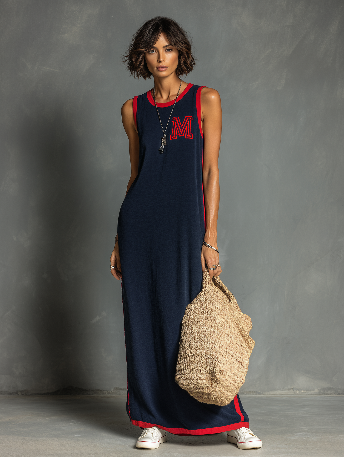 Women's Casual Stretch Knit Sleeveless Maxi Dress With Contrast Trim