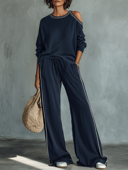 Women's Casual One-Shoulder Long-Sleeve Sweatshirt And Wide-Leg Pants Set