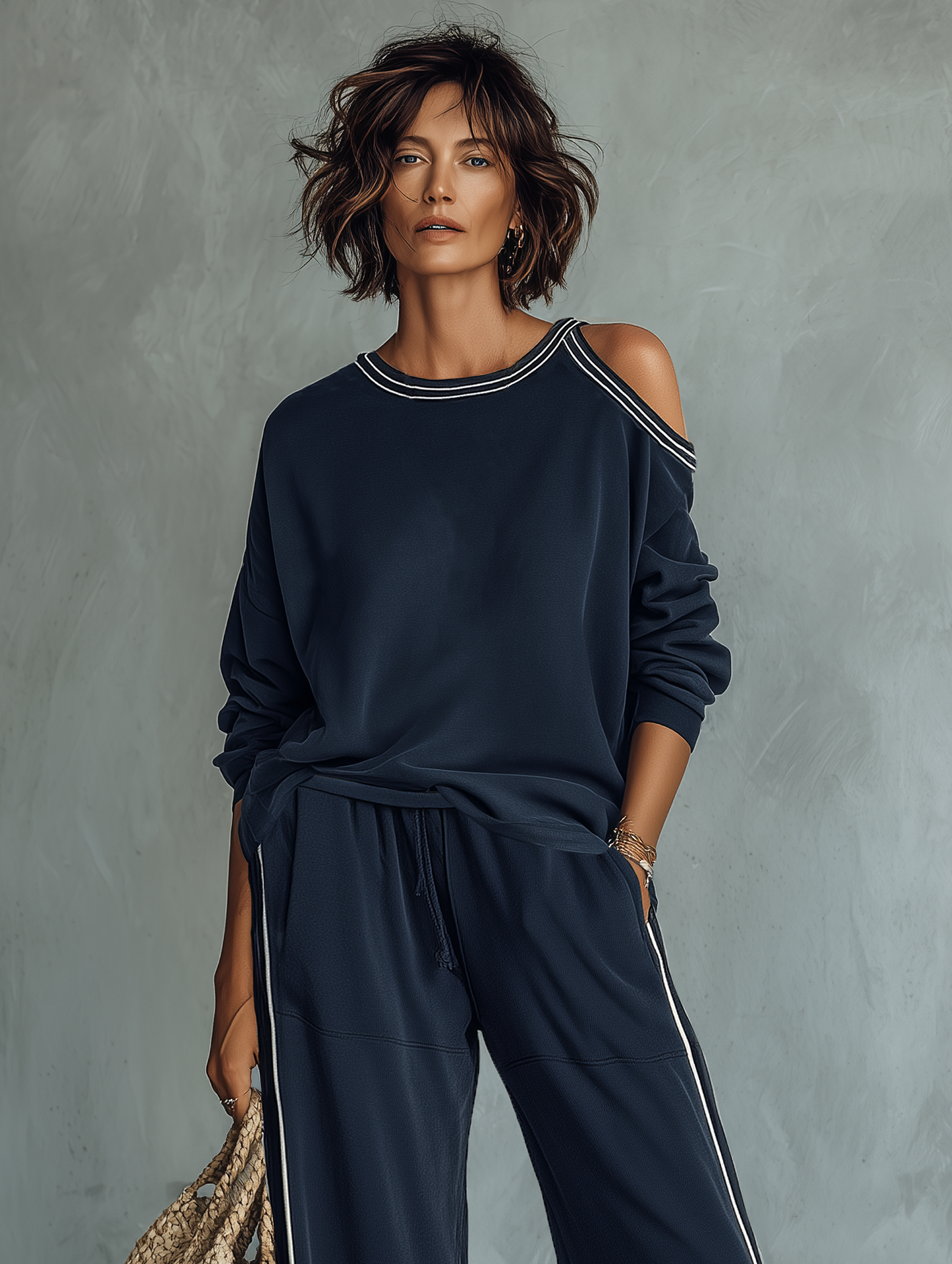 Women's Casual One-Shoulder Long-Sleeve Sweatshirt And Wide-Leg Pants Set
