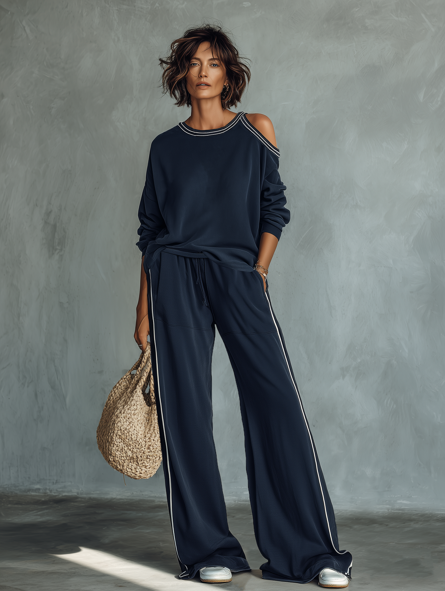 Women's Casual One-Shoulder Long-Sleeve Sweatshirt And Wide-Leg Pants Set