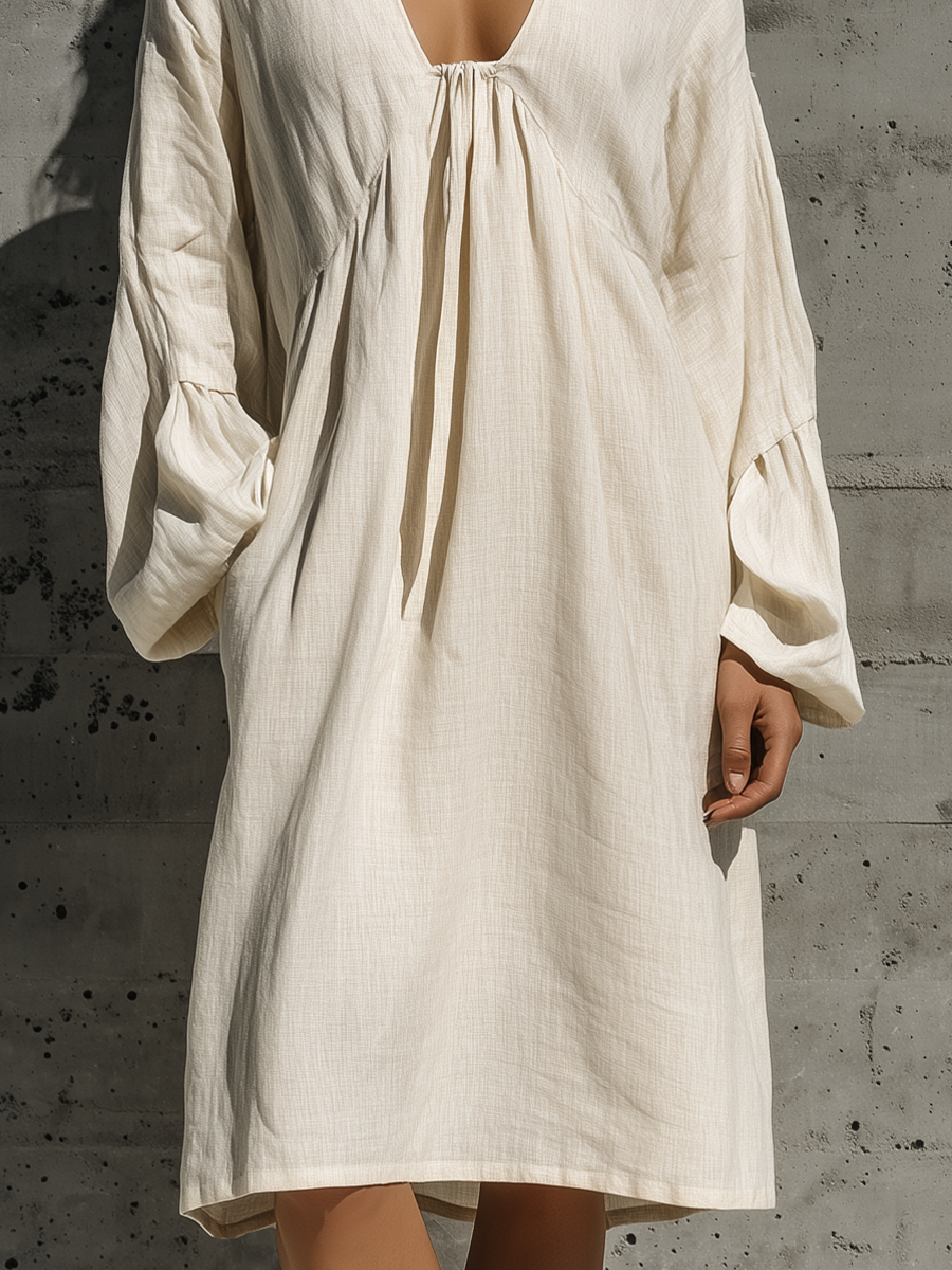 Women’s Resort Wear Beige Linen Oversized Long Bubble Sleeve Front Ring Cutout Flowy Midi Shift Dress
