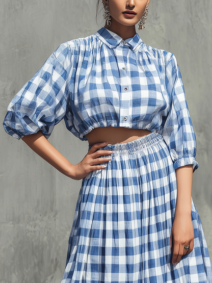 Women’s Blue White Gingham Plaid Lapel Collar Puff Half Sleeve Cropped Shirt & Elastic High Waist Flowy Maxi Skirt Two Piece Matching Set