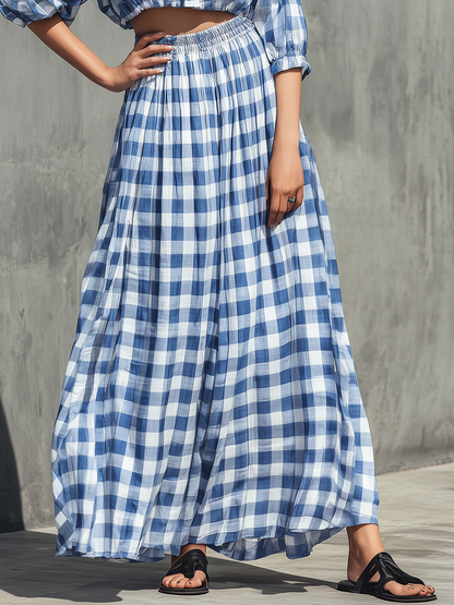 Women’s Blue White Gingham Plaid Lapel Collar Puff Half Sleeve Cropped Shirt & Elastic High Waist Flowy Maxi Skirt Two Piece Matching Set