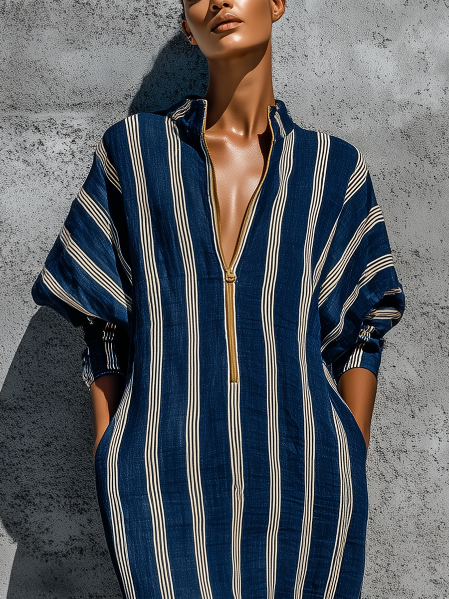 Women’s Navy White Vertical Stripe Linen Stand Collar Gold Half Zip Cuffed Batwing Sleeve Loose Midi Kaftan Dress With Side Pockets