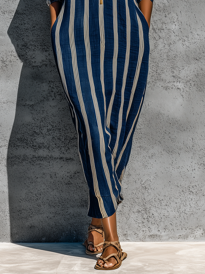 Women’s Navy White Vertical Stripe Linen Stand Collar Gold Half Zip Cuffed Batwing Sleeve Loose Midi Kaftan Dress With Side Pockets
