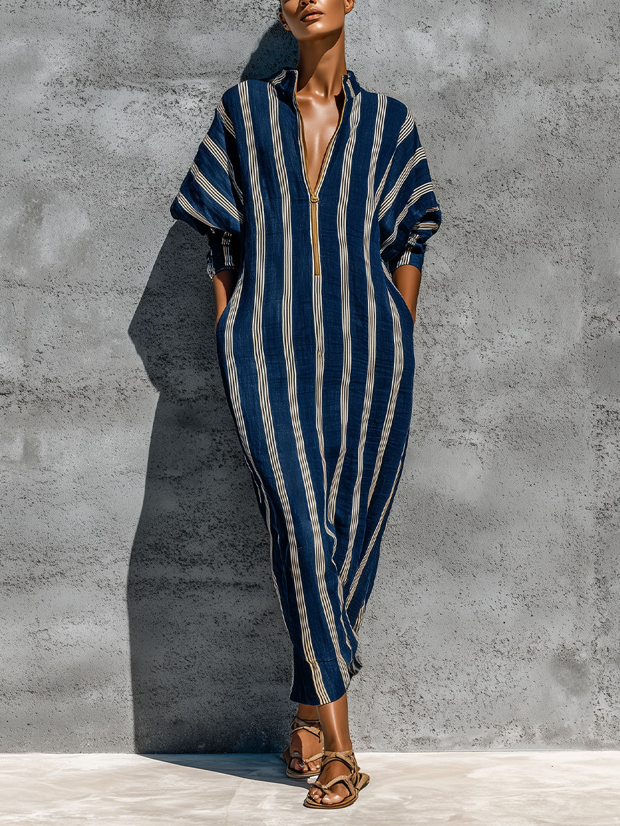 Women’s Navy White Vertical Stripe Linen Stand Collar Gold Half Zip Cuffed Batwing Sleeve Loose Midi Kaftan Dress With Side Pockets