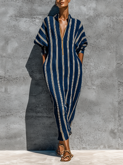 Women’s Navy White Vertical Stripe Linen Stand Collar Gold Half Zip Cuffed Batwing Sleeve Loose Midi Kaftan Dress With Side Pockets