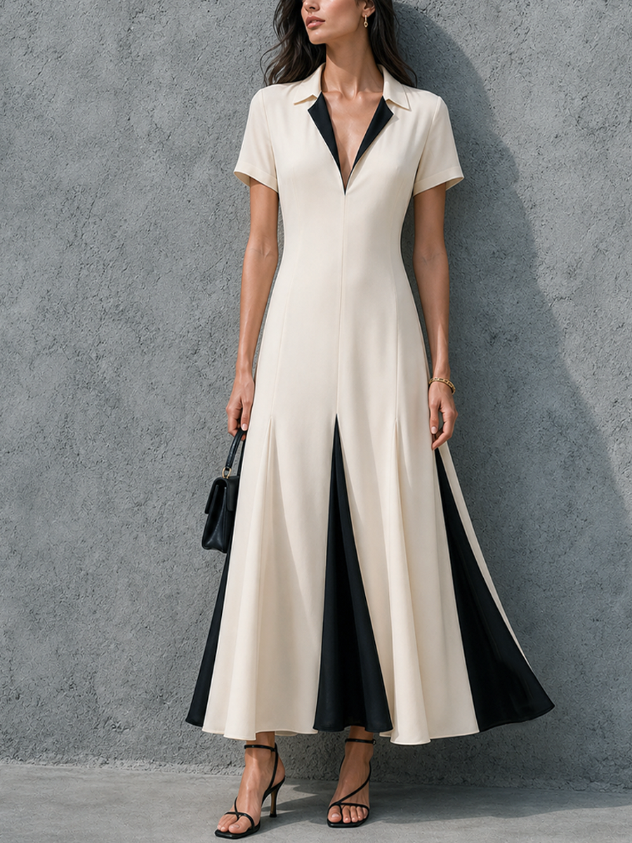 Women's Elegant Workwear Style Off-White Cotton Blend Color Block Lapel Short Sleeve Maxi Dress