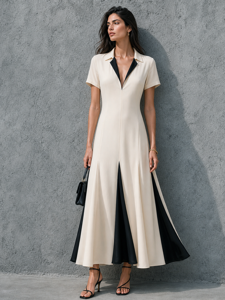 Women's Elegant Workwear Style Off-White Cotton Blend Color Block Lapel Short Sleeve Maxi Dress