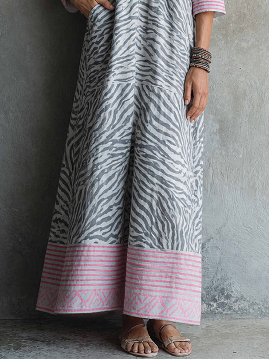 Women's Vacation Style Grey And Pink Cotton Blend V-Neck 3/4 Sleeve Zebra Print Maxi Dress