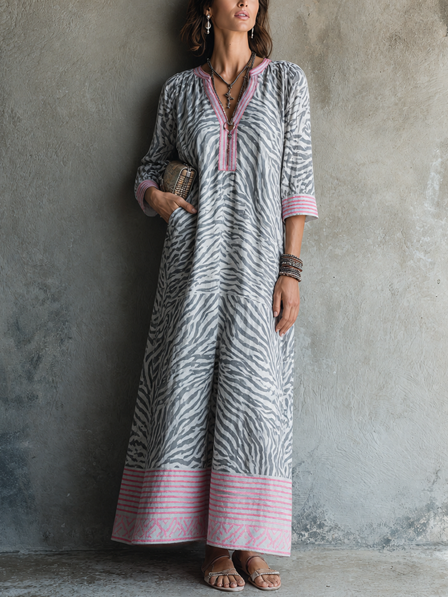 Women's Vacation Style Grey And Pink Cotton Blend V-Neck 3/4 Sleeve Zebra Print Maxi Dress