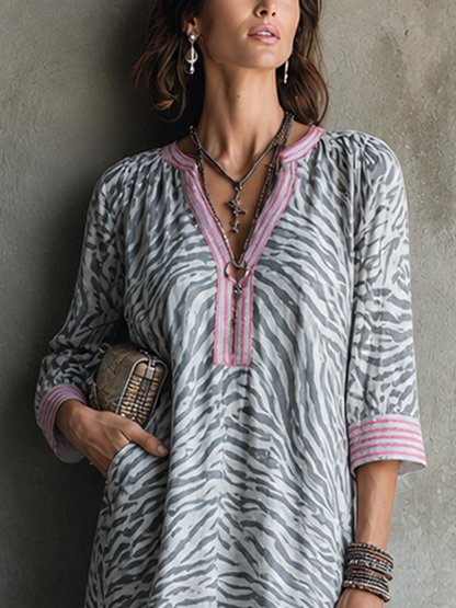 Women's Vacation Style Grey And Pink Cotton Blend V-Neck 3/4 Sleeve Zebra Print Maxi Dress
