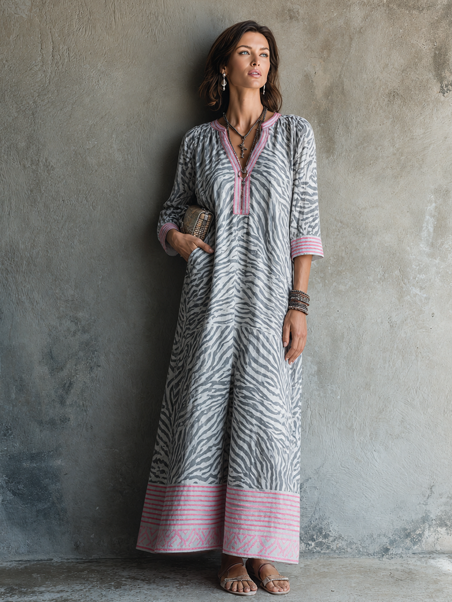 Women's Vacation Style Grey And Pink Cotton Blend V-Neck 3/4 Sleeve Zebra Print Maxi Dress