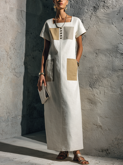 Women's Minimalist Style Off-White Linen Cotton Square Neck Short Sleeve Patch Pocket Maxi Dress