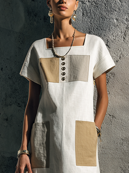 Women's Minimalist Style Off-White Linen Cotton Square Neck Short Sleeve Patch Pocket Maxi Dress