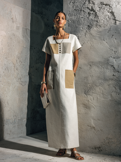 Women's Minimalist Style Off-White Linen Cotton Square Neck Short Sleeve Patch Pocket Maxi Dress
