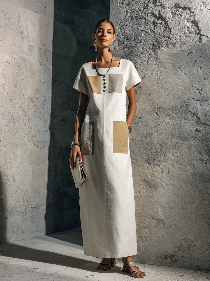 Women's Minimalist Style Off-White Linen Cotton Square Neck Short Sleeve Patch Pocket Maxi Dress