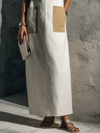 Women's Minimalist Style Off-White Linen Cotton Square Neck Short Sleeve Patch Pocket Maxi Dress