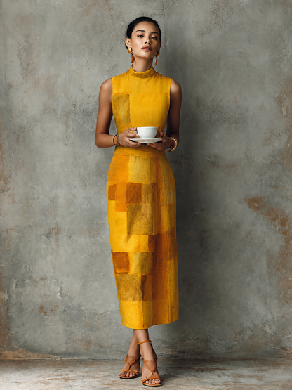 Women's French Aesthetic Style Turmeric Cotton Blend Mock Neck Sleeveless Block Print Midi Dress