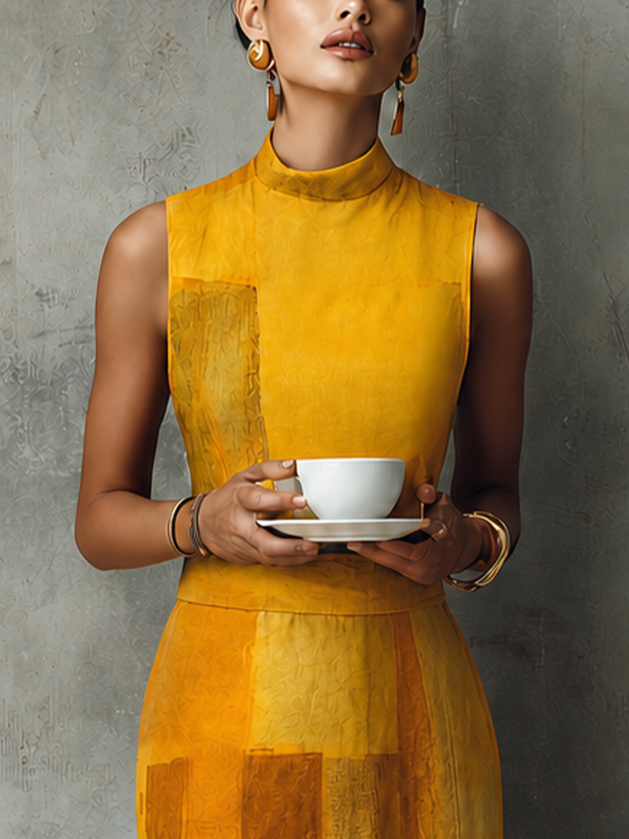 Women's French Aesthetic Style Turmeric Cotton Blend Mock Neck Sleeveless Block Print Midi Dress