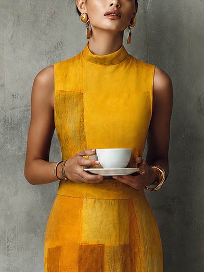 Women's French Aesthetic Style Turmeric Cotton Blend Mock Neck Sleeveless Block Print Midi Dress