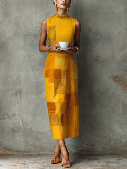 Women's French Aesthetic Style Turmeric Cotton Blend Mock Neck Sleeveless Block Print Midi Dress