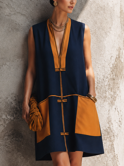 Women's Luxury Resort Style Navy Blue Cotton Blend Color Block Frog Button Sleeveless Mini Dress
