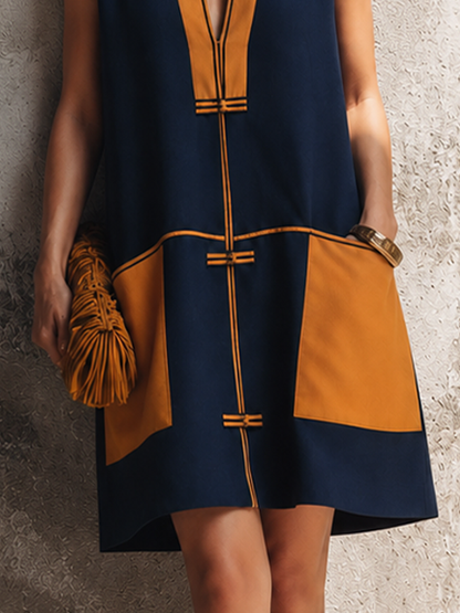 Women's Luxury Resort Style Navy Blue Cotton Blend Color Block Frog Button Sleeveless Mini Dress