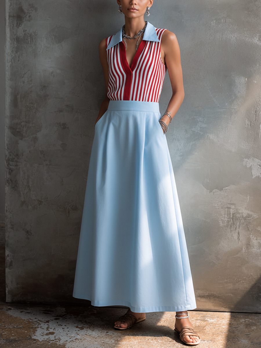 Women's Casual Knit Striped Color-Blocked Collared Top And Light Blue Cotton Blend Long Skirt Set