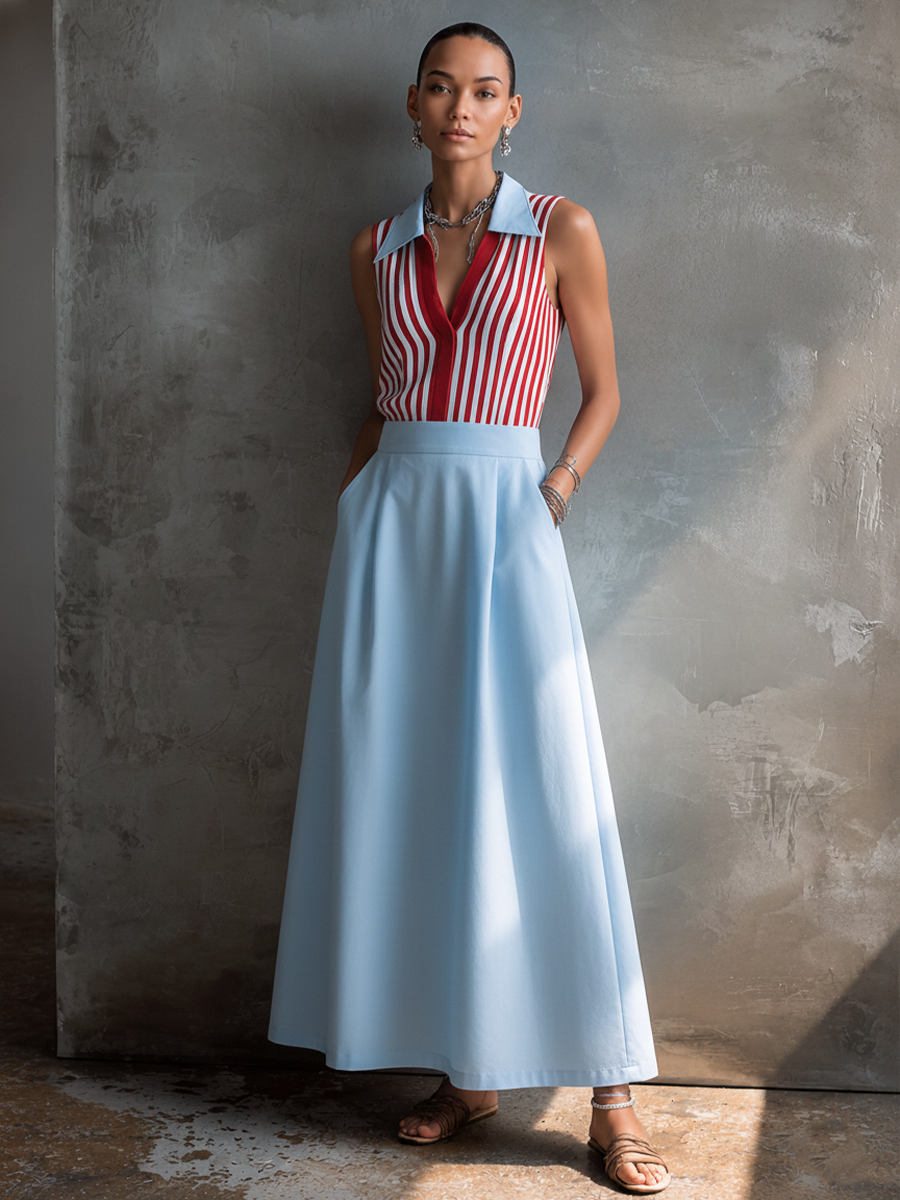 Women's Casual Knit Striped Color-Blocked Collared Top And Light Blue Cotton Blend Long Skirt Set