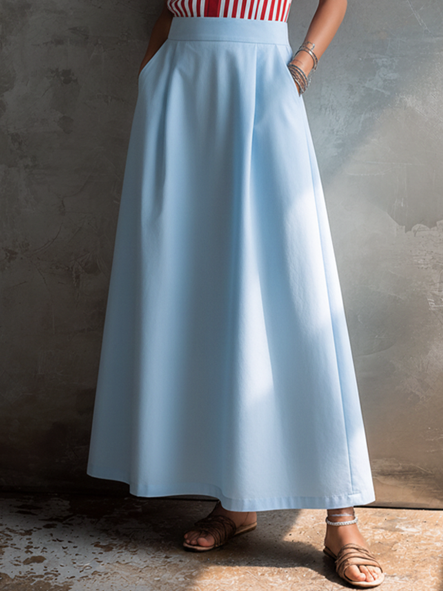 Women's Casual Knit Striped Color-Blocked Collared Top And Light Blue Cotton Blend Long Skirt Set