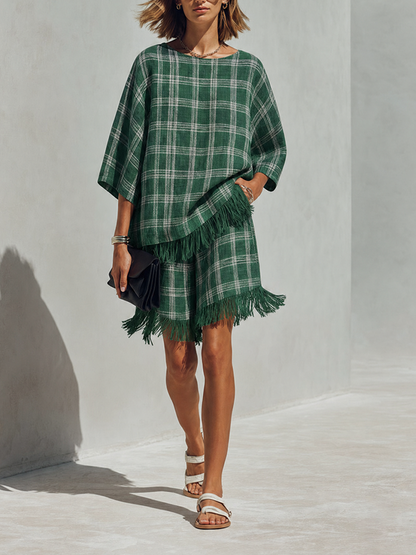 Women's Minimalist Green & White Check Linen-Blend Short-Sleeve Top And Shorts Set