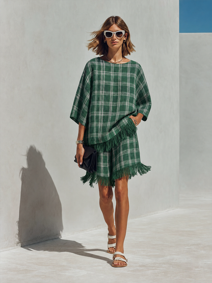 Women's Minimalist Green & White Check Linen-Blend Short-Sleeve Top And Shorts Set