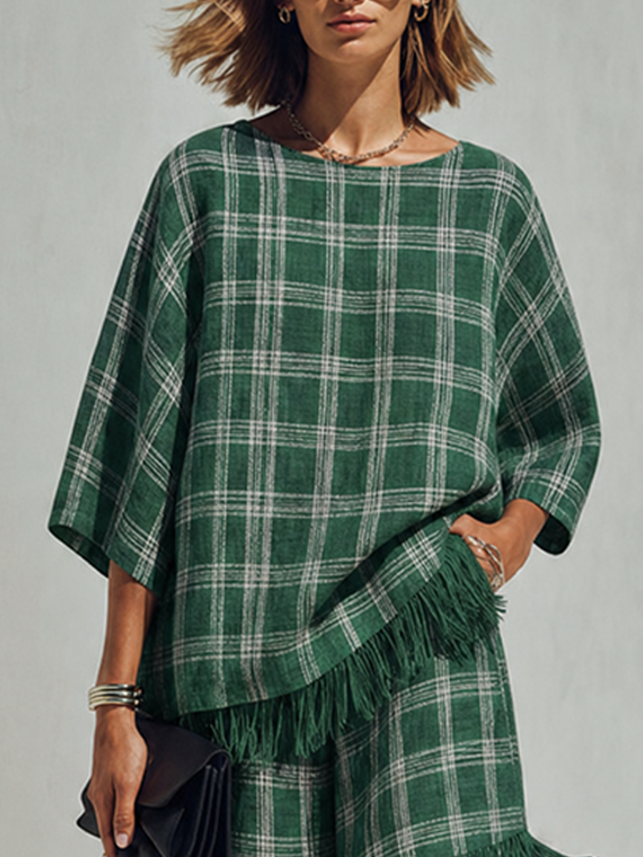Women's Minimalist Green & White Check Linen-Blend Short-Sleeve Top And Shorts Set