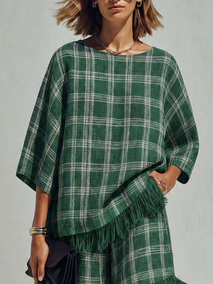 Women's Minimalist Green & White Check Linen-Blend Short-Sleeve Top And Shorts Set