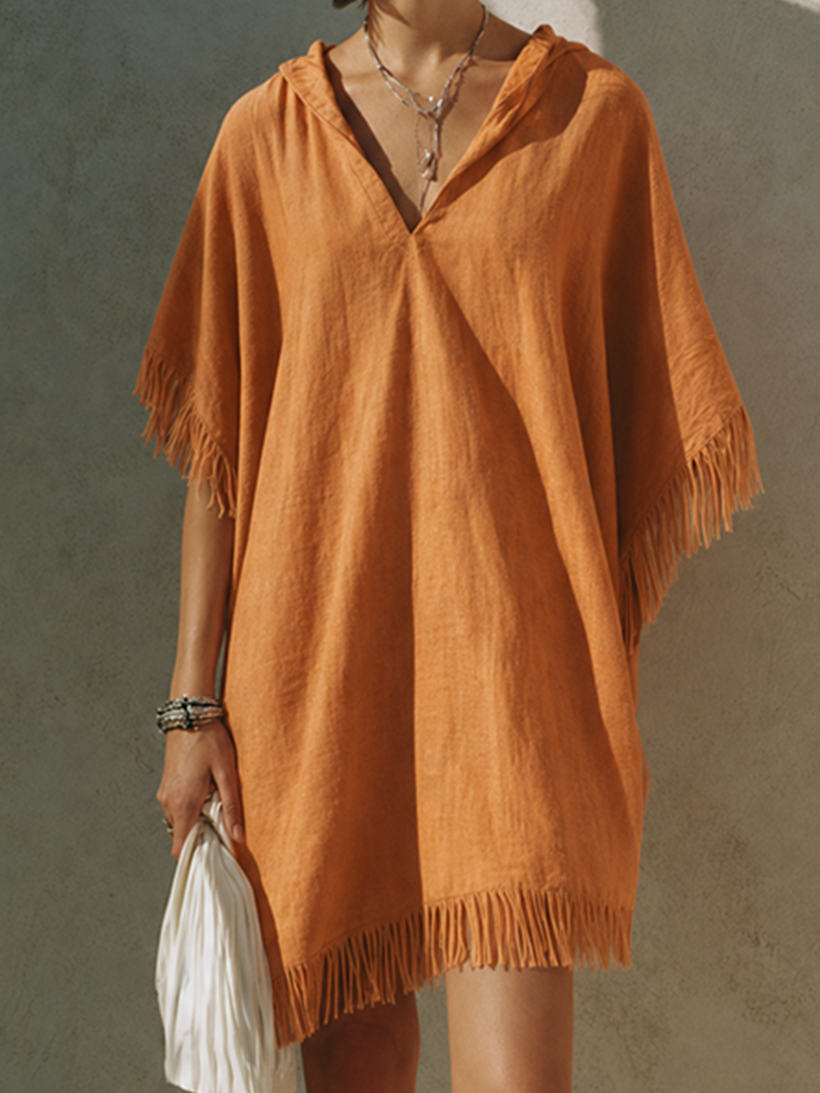 Women's Minimalist Solid Orange Linen Short Dress With Hood, V-Neck, And Tassels