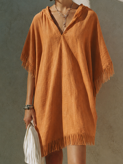 Women's Minimalist Solid Orange Linen Short Dress With Hood, V-Neck, And Tassels