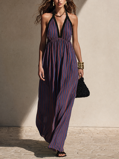 Women's Minimalist Long Dress With Blue & Red Vertical Stripes And Black Trim