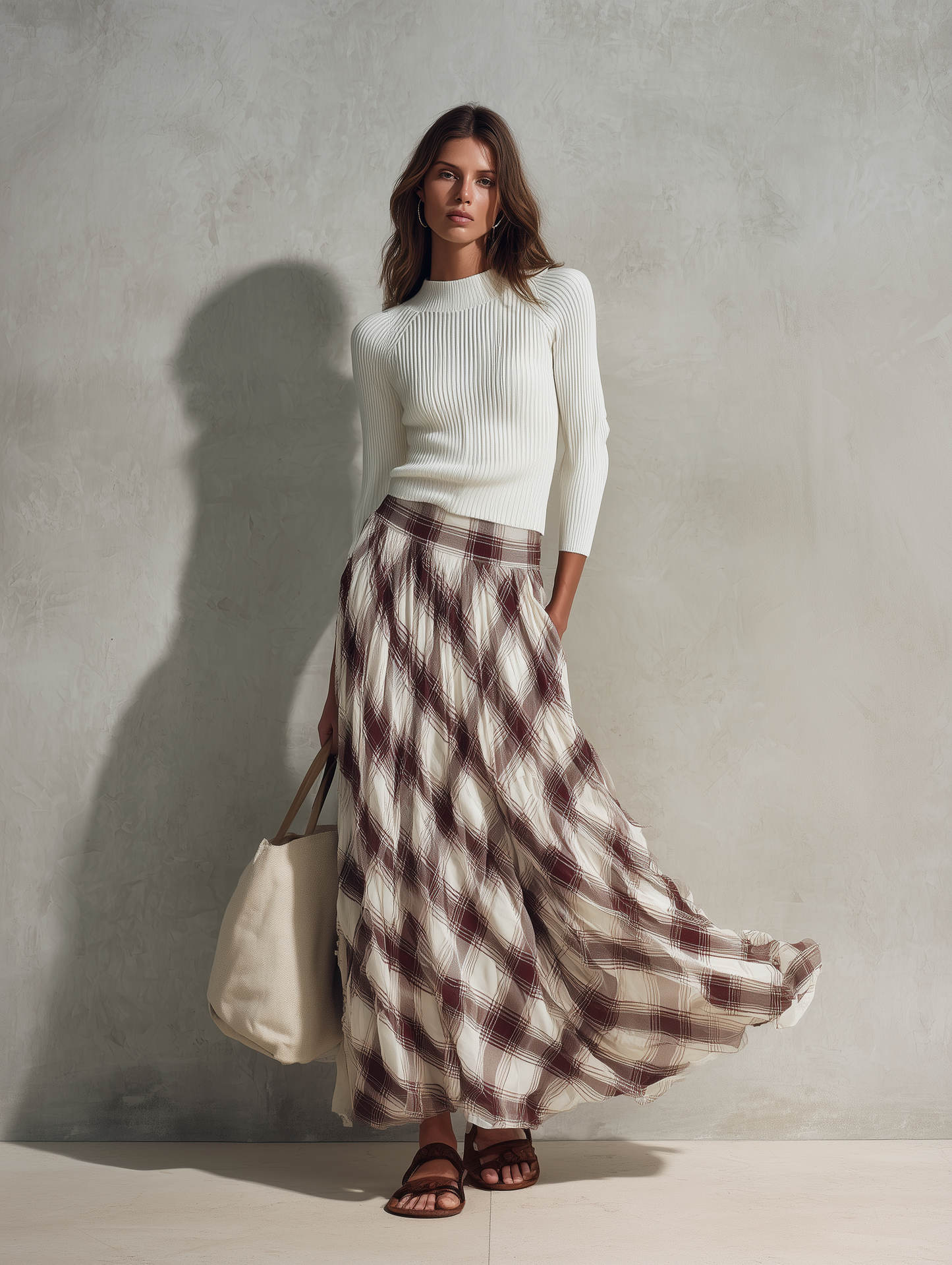 Women's Casual Off-white Long-sleeved Knit Top With A Round Neck, Paired With A Dark Red Printed Chiffon Skirt