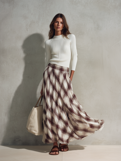 Women's Casual Off-white Long-sleeved Knit Top With A Round Neck, Paired With A Dark Red Printed Chiffon Skirt