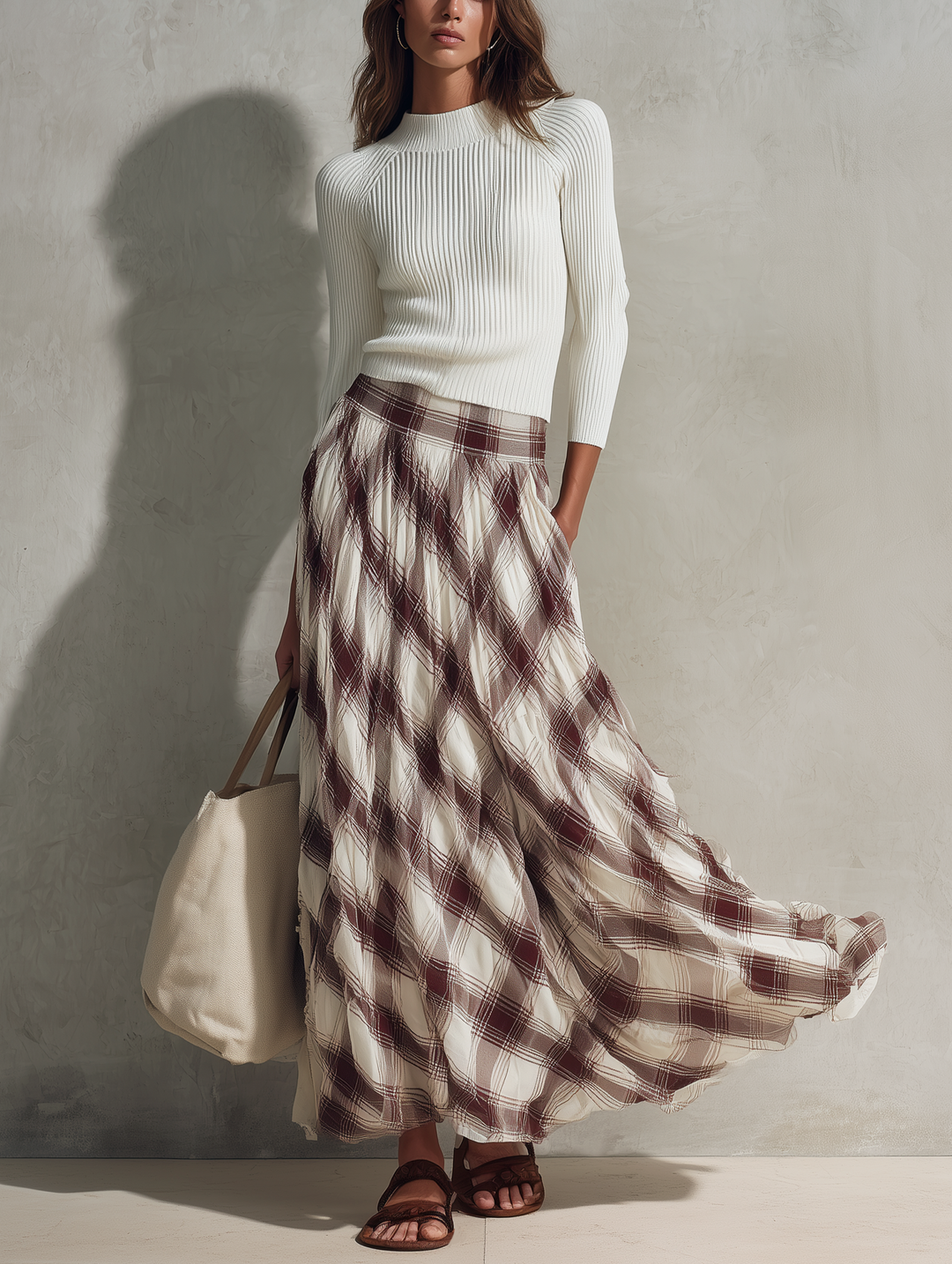 Women's Casual Off-white Long-sleeved Knit Top With A Round Neck, Paired With A Dark Red Printed Chiffon Skirt